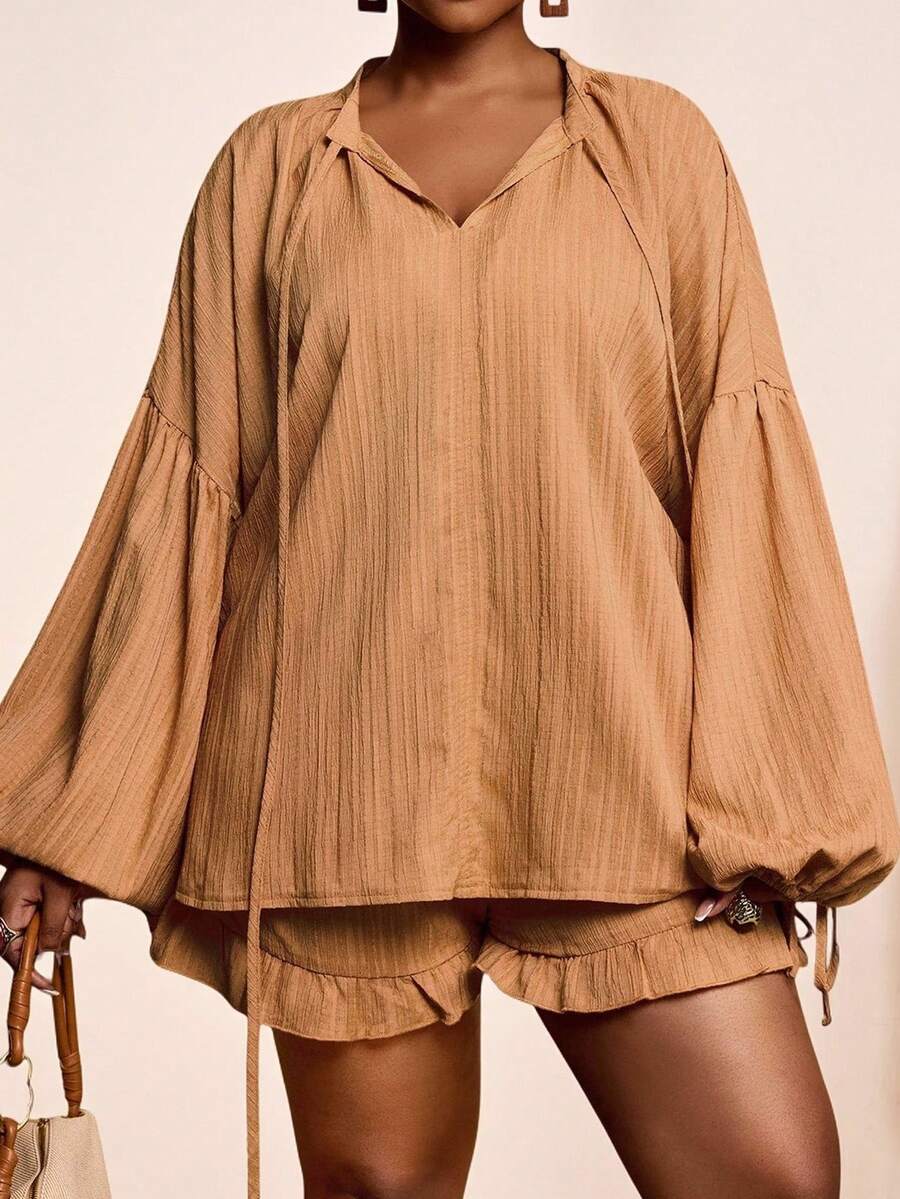 Veslaya 2025大码新款/复活节/西部/海滩/波西米亚/波西米亚风格女装/节日女装/狂欢节女装/复古风格女装/乡村音乐节女装/外出女装/仙女风格女装/节日女装/机场女装/西部女装/热带度假女装适合春夏季,春夏女士优雅通勤派对俱乐部街头装卡其色长袖短款上衣带荷叶边和口袋,休闲短裤两件套 - 卡其色 - 查看 1