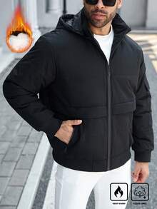 Manfinity Homme 加大码男士长袖休闲日常简约纯色拉链连帽羽绒服，冬季/秋季 - 黑色 - 查看 3