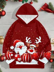 Manfinity Homme 圣诞雪花和圣诞老人驯鹿全身印花休闲修身男士连帽运动衫 - 酒紅色 - 查看 1