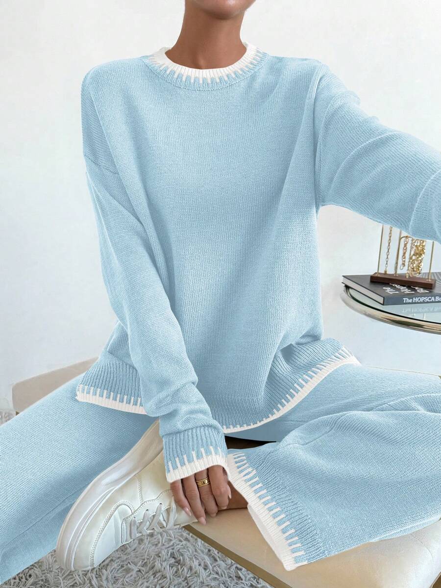 SHEIN LUNE Women's Contrast Trim Round Neck Long Sleeve Top And Pants Knit 2 Pieces Set - Multicolor - View 1