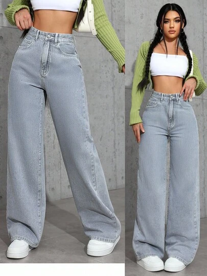 SHEIN ICON 大码女式休闲口袋直筒牛仔裤