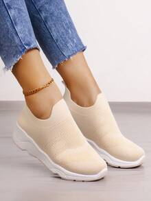 Tenis para mujer de tejido  transpirable, punta redonda, sin cordones, plataforma cómoda, estilo deportivo para gimnasio y uso diario - Beis - Ver 2