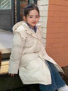 Dazy Kids Girls' Solid Color Hooded Padded Coat, Young Girl Fall Clothes - Beige - View 5