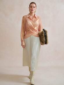 SHEIN LUNE Women's Elegant Lightweight Chiffon Blouse With Criss-Cross Twist Detail, Metallic Accent, Long Sleeve, Suitable For Dates, Parties, Weddings, Office Wear, Business Casual, Pink & Gold - Coral Pink - View 1