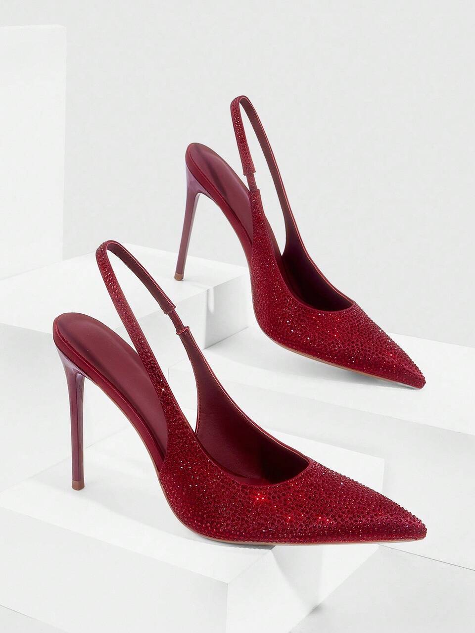 CUCCOO SZL Women's Pointed Toe High Heel Red Rhinestone Embellished Party Clubwear Elegant Sexy Stilettos With Ankle Strap For Christmas Spring Shoes