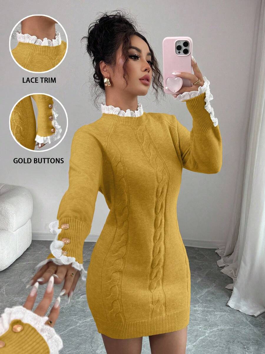 Lyxana Gaun Musim Gugur/Dingin Lengan Panjang dengan Tali Kepang, Kerah Bulat, dan Hiasan Renda, Warna Aprikot - Kuning - View 1