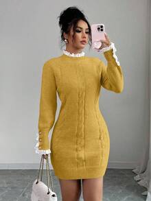 Lyxana Gaun Musim Gugur/Dingin Lengan Panjang dengan Tali Kepang, Kerah Bulat, dan Hiasan Renda, Warna Aprikot - Kuning - View 6