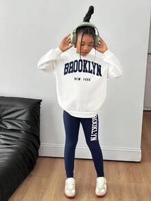 Bộ 2 áo nỉ cổ tròn in chữ cho bé gái tuổi teen + quần legging dệt kim, thời trang thường ngày đa năng - Màu xanh hải quân - Xem 3