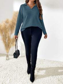 SHEIN LUNE Plus Size Solid Color Turndown Collar Long Sleeve Ribbed Casual Top - Blue - View 3