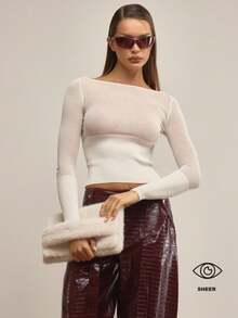 MUSERA Áo dài tay dệt kim xuyên thấu tương phản, thanh lịch, dễ thương, gợi cảm, thích hợp cho mùa đông, buổi tối. - Màu Khaki - Xem 1