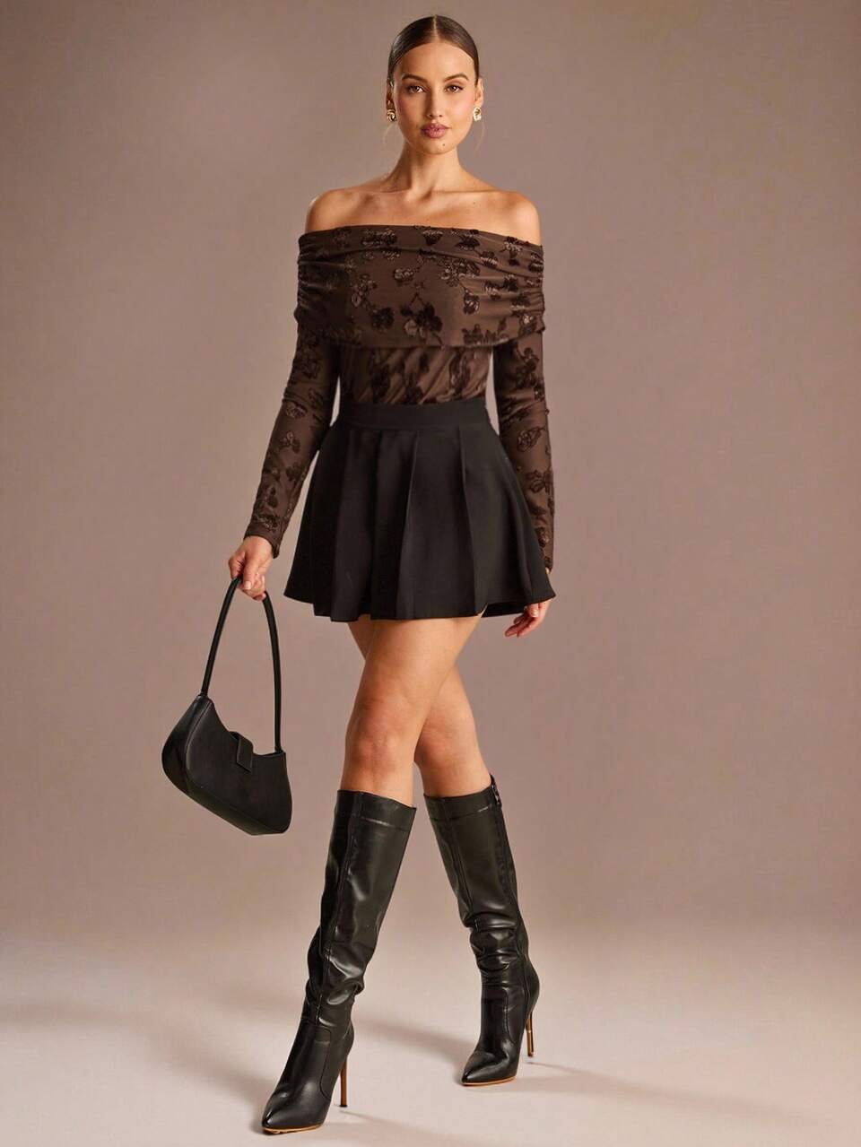 Enchnt Women's Elegant Brown Floral Jacquard Ruched One Shoulder Long Sleeve Fitted Blouse,Autumn Fashionable Top For Dinner Date,Holiday,Party&Wedding Guest
