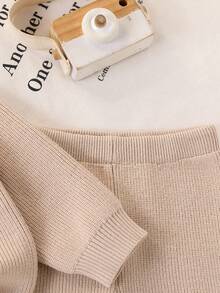 2pcs/Set Toddler Boys' Knitted Crew Neck Sweater Set,Infant Fashion Letter Embroidery Long Sleeve Top+Knit Pants,Beige Autumn Modest Holiday Outfit - Khaki - View 6