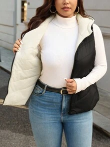 SHEIN Frenchy Plus Size Women Black Padded Vest, Comfortable Casual Versatile Everyday & Occasion Wear, Autumn/Winter , Puffer Vest