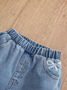 1pc Girls Casual Collegiate Style Blue Woven Distressed Denim Straight Leg Pants With Butterfly Embroidery - Blue - View 6