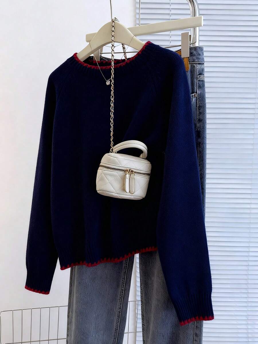 Franclia Casual Loose Fit Round Neck Long Sleeve Knitted Contrast Trim Raglan Sleeve Apricot Women Pullover Sweater, Spring/Autumn, Christmas - Navy Blue - View 1