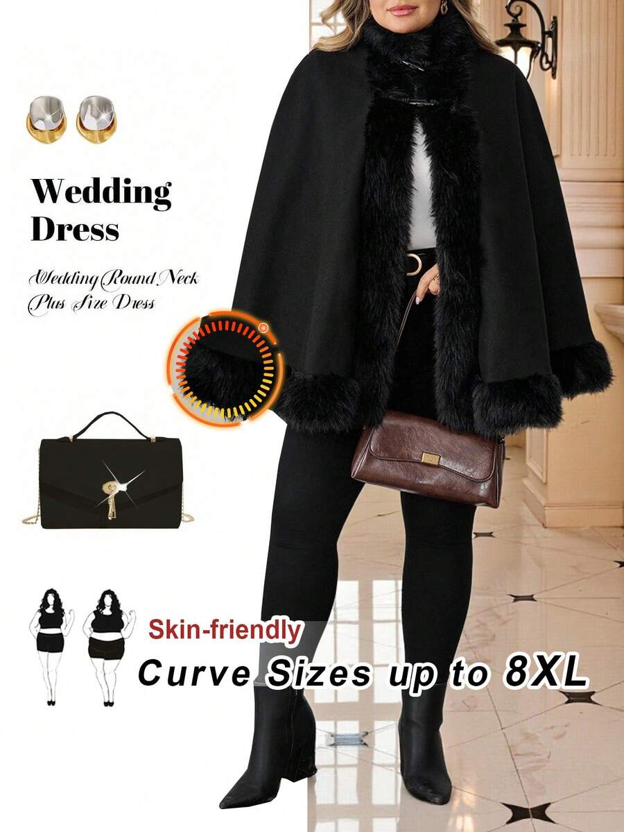 SHEIN CURVE+ Ropa de mujer talla grande de Navidad/Ropa de otoño para mujer/Ropa de invierno para mujer talla grande - Capa de lana sólida con pelaje