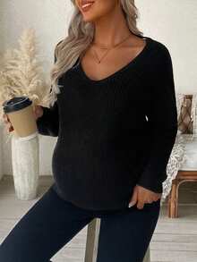 SHEIN Maternity Solid Color Loose Casual Sweater With Eyelet Back Design, Autumn/Winter - Black - View 5