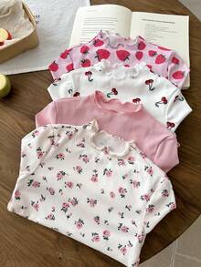 LMoss Kids Kleine Mädchen 4 Stücke/Set Gestrickte Einfarbige & Ditsy Blumen Rundhals Lässig T-Shirts