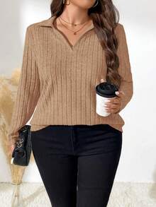 EMERY ROSE Plus Size Women's Solid Color Long Sleeve Ribbed Casual Loose T-Shirt, Autumn - Khaki - View 5