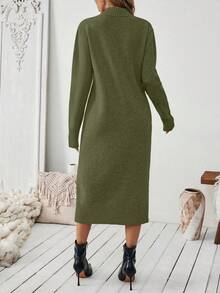 EMERY ROSE Vestido de suéter ajustado de unicolor simple para uso diario y casual de mujer, sin cinturón - Verde Oliva - Ver 2