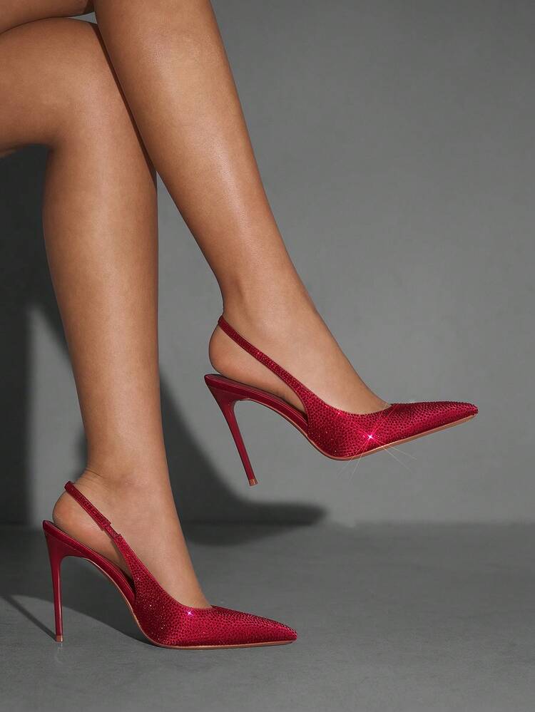CUCCOO SZL Women's Pointed Toe High Heel Red Rhinestone Embellished Party Clubwear Elegant Sexy Stilettos With Ankle Strap For Christmas Spring Shoes