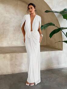Aloruh Weißes Kleid mit tiefem Ausschnitt, sexy tief drapierter Ausschnitt, ärmelloses Maschenkleid