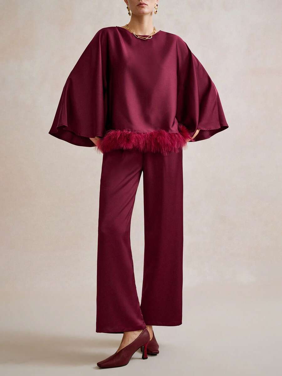 SHEIN LUNE Women's Burgundy Elegant Satin Pants Set For Autumn Dinner,French Luxury Christmas Party Batwing 3/4 Sleeve Blouse&Waist Elastic Band Pocket Trousers - Burgundy - View 1