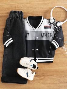 Baby Boys' Autumn White Street Life Casual Graphic Street Fashion Baseball Jacket,Motorcycle Style Letter Print Stand Collar Back-To-School Date - Black and White - View 2