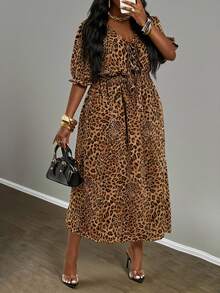 Slaydiva Boho Midi Ruffle Dress - Leopard Print, Suitable For Spring/Summer, Elegant & Commute & Party & Club & Outing - Multicolor - View 1