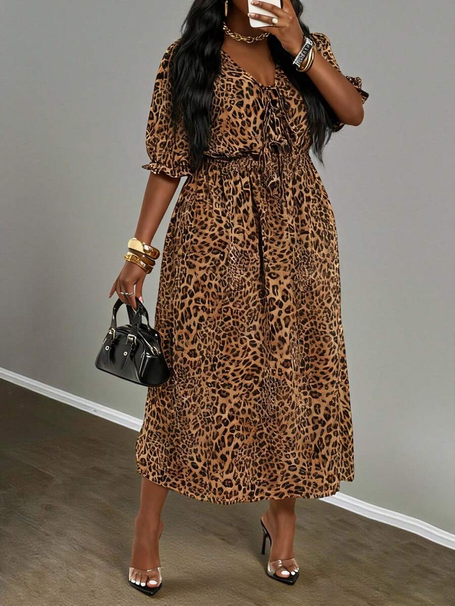 Slaydiva Boho Midi Ruffle Dress - Leopard Print, Suitable For Spring/Summer, Elegant & Commute & Party & Club & Outing - Multicolor - View 1
