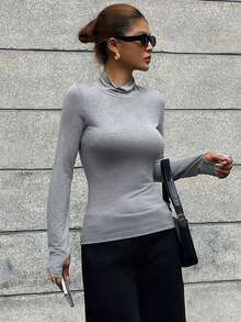 DAZY Maglietta a maniche lunghe con collo alto da donna, colore nero, adatta per primavera/estate/autunno