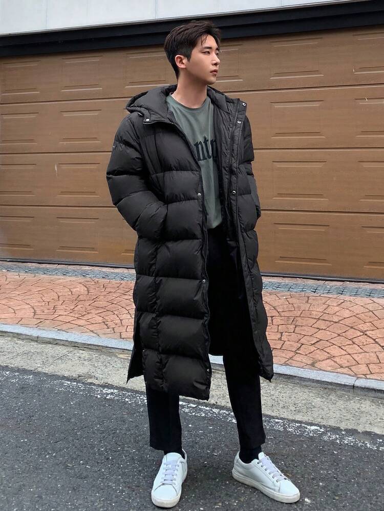 Men Letter Graphic Zip Up Hooded Padded Coat Winter