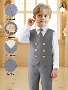 SHEIN 3pcs Boys Suit Set: Vest + Pants + Matching Grey Tie, Suitable For Stage Performance, Wedding - Grey - View 3