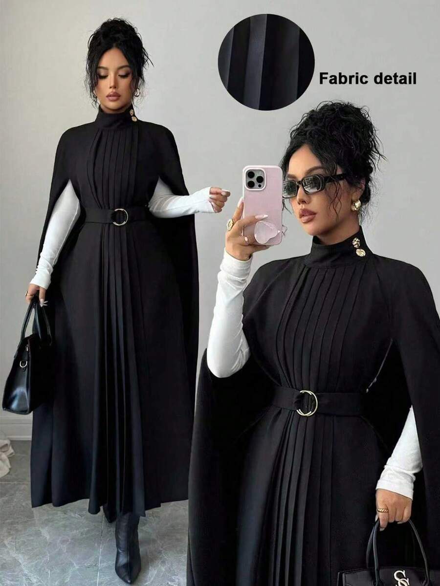 Elenzga Áo choàng cổ đứng, dài thướt tha, kiểu Pháp thanh lịch, viền xòe xếp ly tinh tế, áo khoác ngoài dáng rộng kiểu Anh, phù hợp cho những dịp trang trọng - màu đen - Xem 1