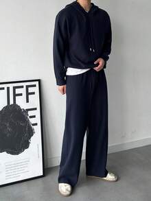 DAZY 男士海军蓝针织连帽衫套装，秋冬 - 藏蓝色 - 查看 3