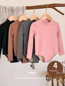 LMoss Kids LMoss  4pcs Young Girl Solid Color Knit Stand Collar Casual Jumpsuit Set,Pull,Winter Clothes - Multicolor - View 3