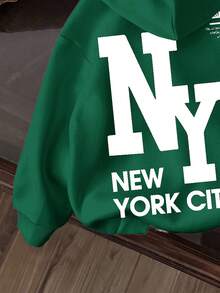 Teen Boy Casual Minimalist NY Letter Graphic Thick Sweatshirt, Suitable For Autumn - Green - View 4