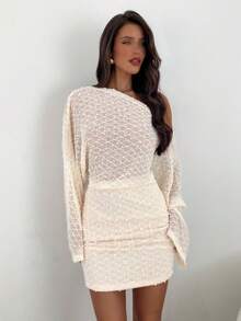 Aloruh Women's Off-White Elegant Autumn Long Sleeve Off Shoulder Ruched Bodycon Dress,Textured Fabric Fitted Party Night Short Dress,Christmas Party Outfits - Apricot - View 5
