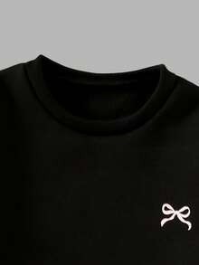 SHEIN Genkimix Kids 2 件套女童韩版休闲灰色运动衫配蝴蝶结和紧身裤套装 - 黑色 - 查看 5