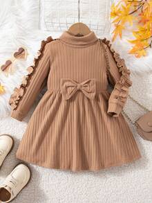 SHEIN Vestido de manga comprida com laço de malha de cor sólida casual fofo para bebê - Multicolorido - Ver 2