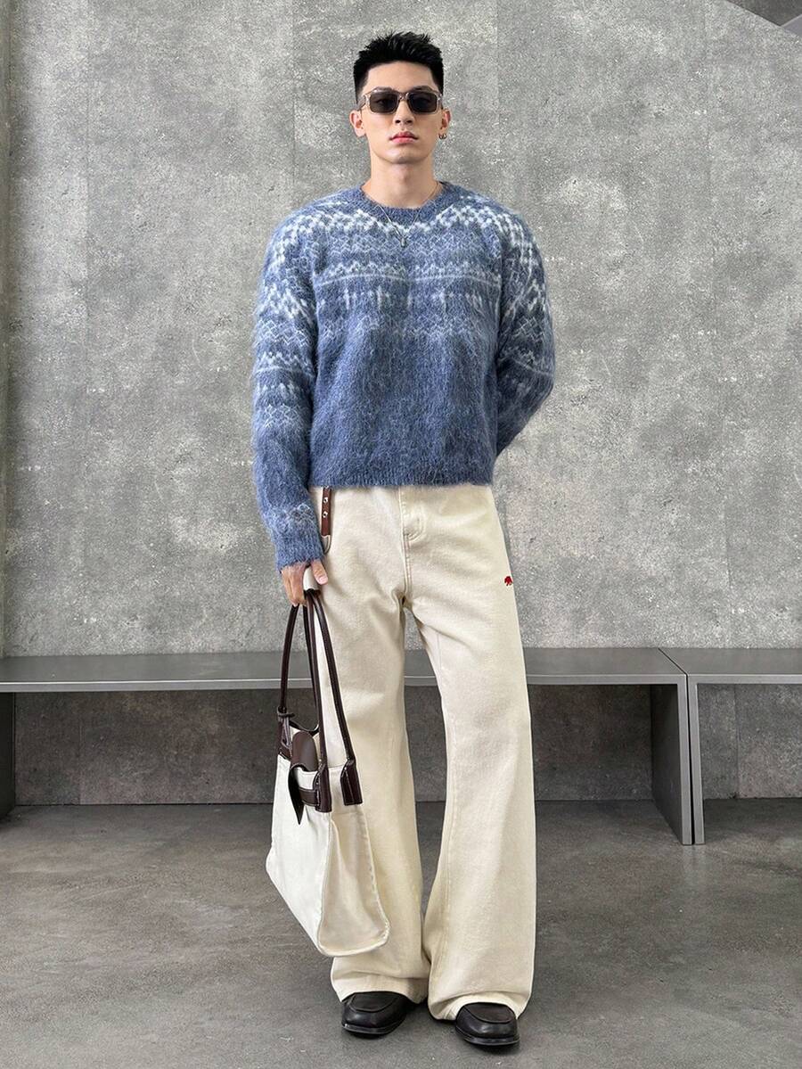 ESTAVOR 男士休闲百搭纯色喇叭牛仔裤 - 米色 - 查看 1