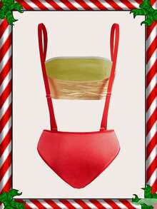 Fantasy Costume 2pcs Christmas Gift Coated Glossy Reflective Contrast Bow Bandeau Red+Gold Babydoll Sexy Lingerie, Unique Christmas Gifts For Adult Women