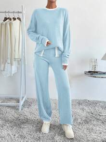 SHEIN LUNE Women's Contrast Trim Round Neck Long Sleeve Top And Pants Knit 2 Pieces Set - Multicolor - View 3