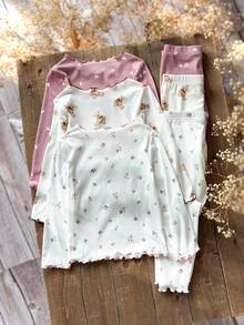 SHEIN 6件套少女花卉和熊印花针织休闲T恤和裤子家居服套装 - 彩色 - 查看 2