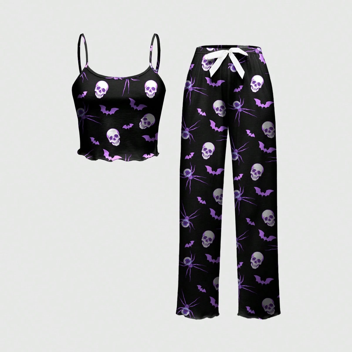 Conjunto de camiseta y pantalones de pijama con estampado de esqueleto, murciélago y araña en estilo gótico, ropa de dormir casual