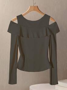 GlowEve Kaos Fashion Wanita Lengan Panjang Tanpa Bahu dengan Desain Kancing Warna Polos - Dark Grey - View 2