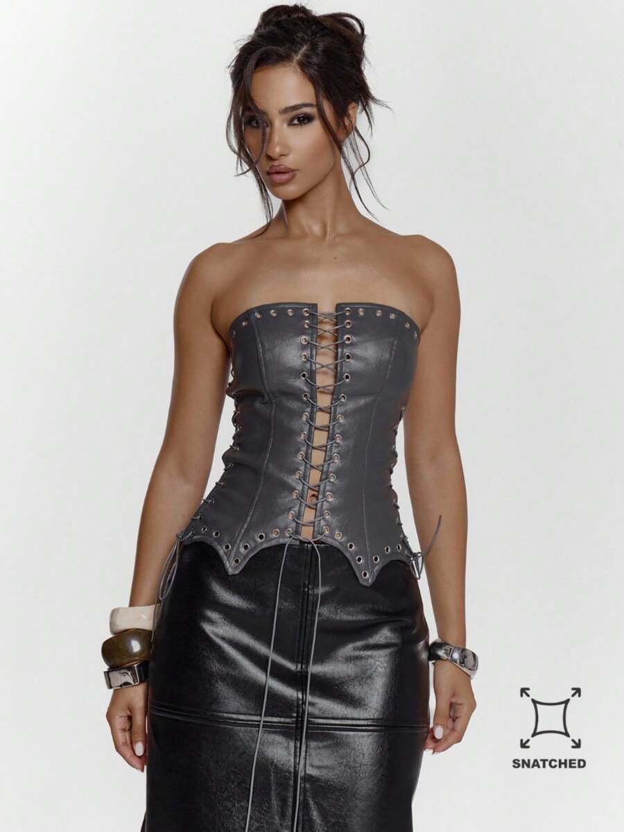 MUSERA Faux Leather Extreme Lace Up Eyelets Detail Corset Top Sexy Going Out Autumn Fall Night Out Winter Cute Streetwear Feraux