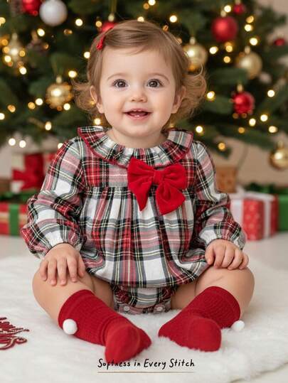 Cozy Pixies Baby Girl Red Plaid Christmas Decor Bow Plaid Ruffle Trim Long Sleeve Bodysuit