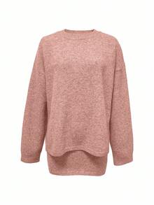 SHEIN LUNE 女士灰色针织毛衣和迷你裙套装，时尚圆领长袖 - 玫瑰紅 - 查看 4