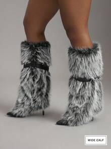 SHUZIA 女式宽筒毛绒尖头细高跟及膝靴 - 黑色 - 查看 2